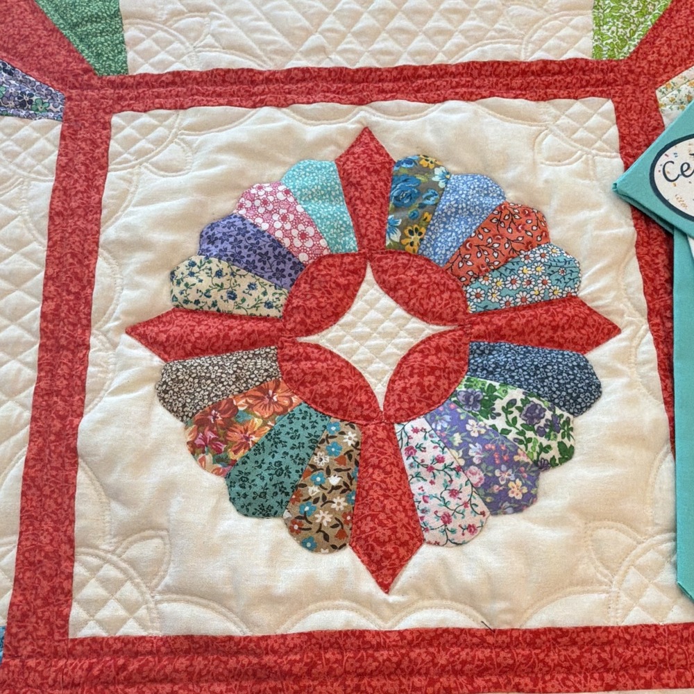 Handmade Quilted Patchwork Floral Table Runner Red White Multi Dresden Plate - Picture 2 of 14